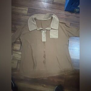 Large Peter Pan brown inspired free people 1/4 button hi low oversized top tunic